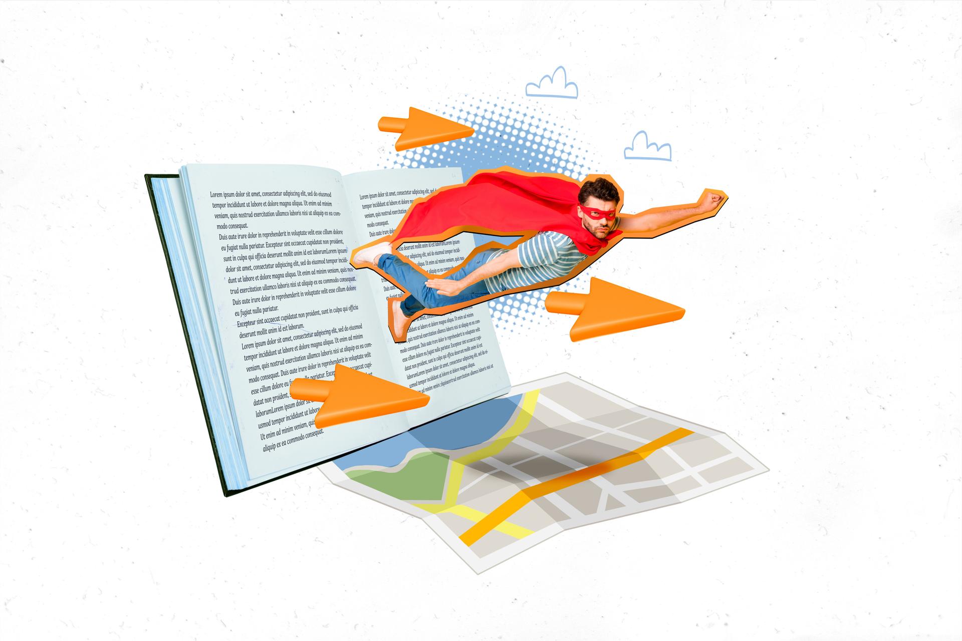 Creative composite photo collage of man flying out of book get super powers after study in university isolated on white color background